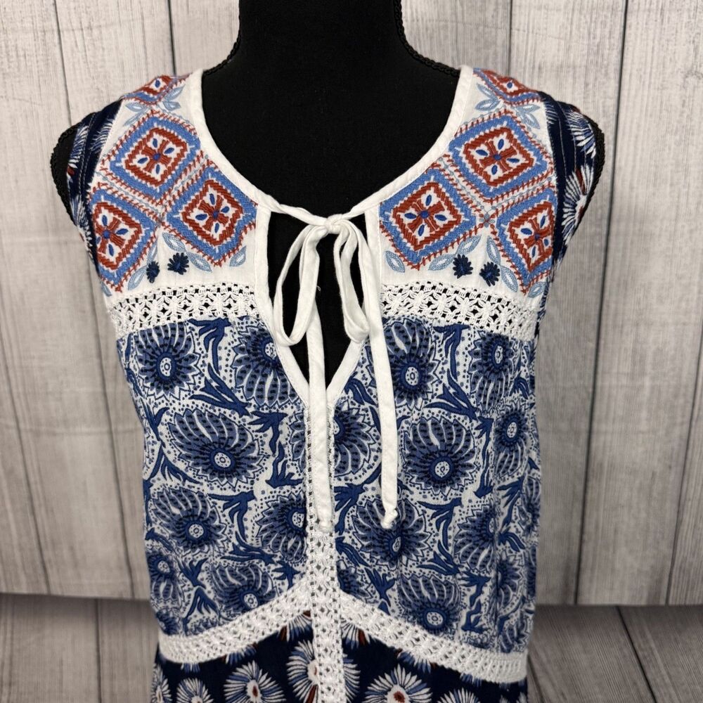 Chelsea & Theodore Women's Large Blue Floral Sleeveless Midi Dress Boho Peasant - Picture 2 of 7